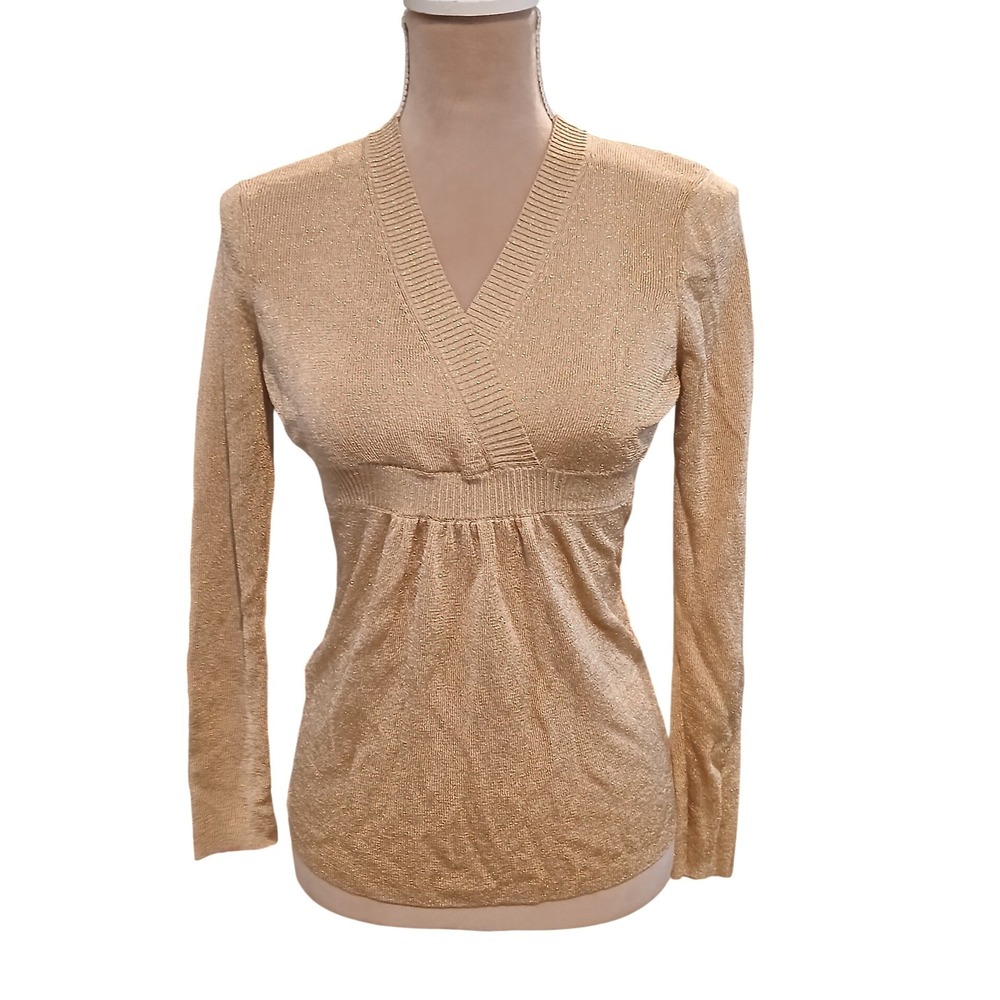 Vtg Ann Taylor Loft Petites Gold Metallic Faix Wrap Empire Waist Sweater Small
